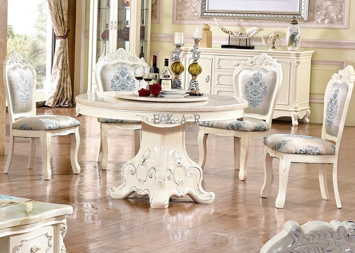 wood round carved marble top dining room table