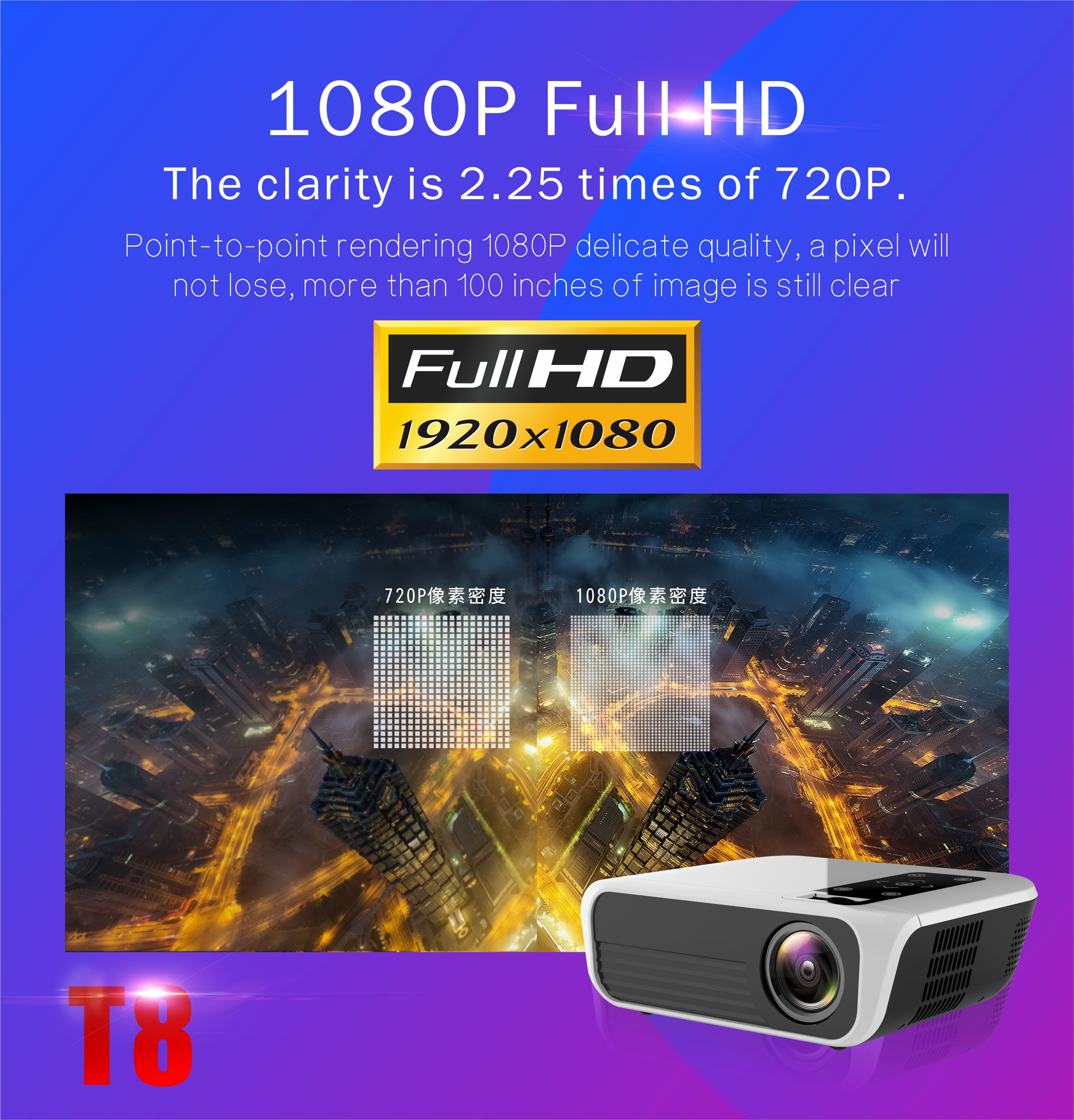 200" 3000lm HD Mini LED Projector 1080P T8 Full Hd Projector For TV DVD PC