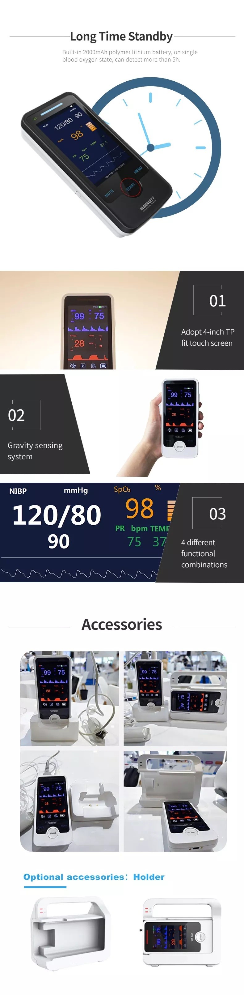 E4 Portable NIBP Vitals Monitor Multi Parameter Patient Monitor For Hospital Bedside