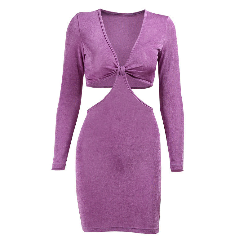 Hollow Back Bow Tie Long Sleeve V Neck Bodycon Dress