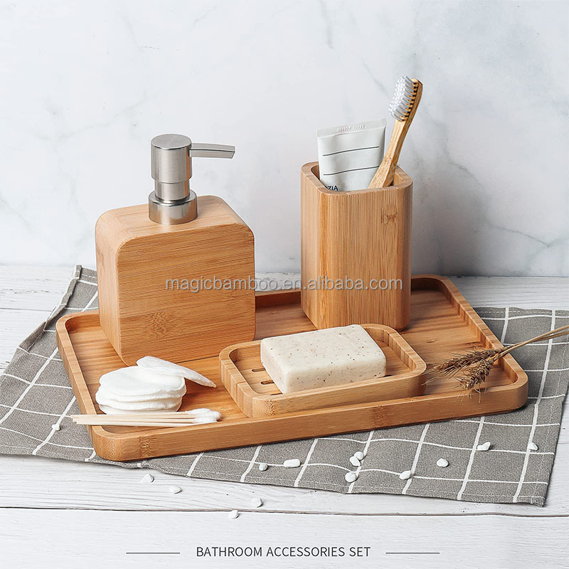 4pcs Natural Bamboo Bathroom Accessories Set For Hotel House Office Toilet