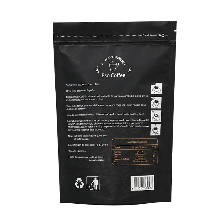 Laminated reusable aluminum foil zip lock bag stand up pouch black coffee bag