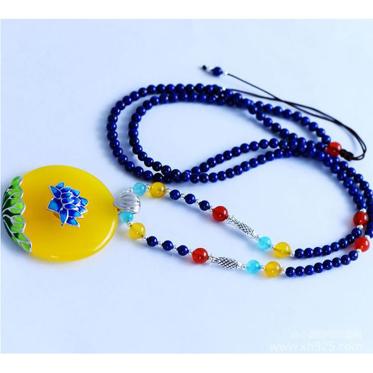 Lapis Lazuli Gemstone Strand Necklace with Enamel 925 Silver Yellow Chalcedony Charm (XH057270W)