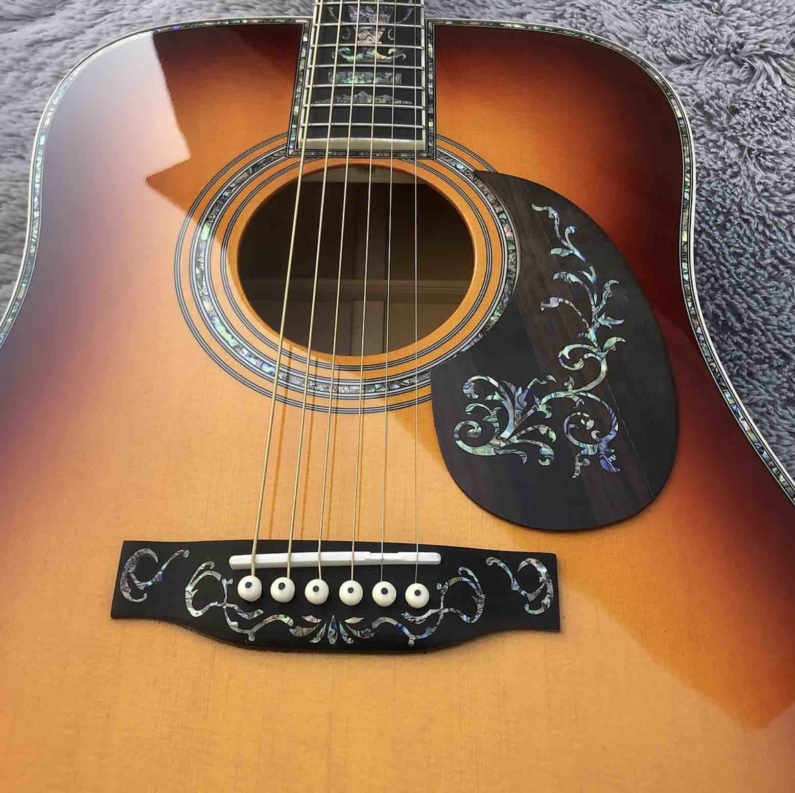 Solid Spruce Top Abalone D Style Acoustic Guitar with Burst Maple Body Ebony Fingerboard