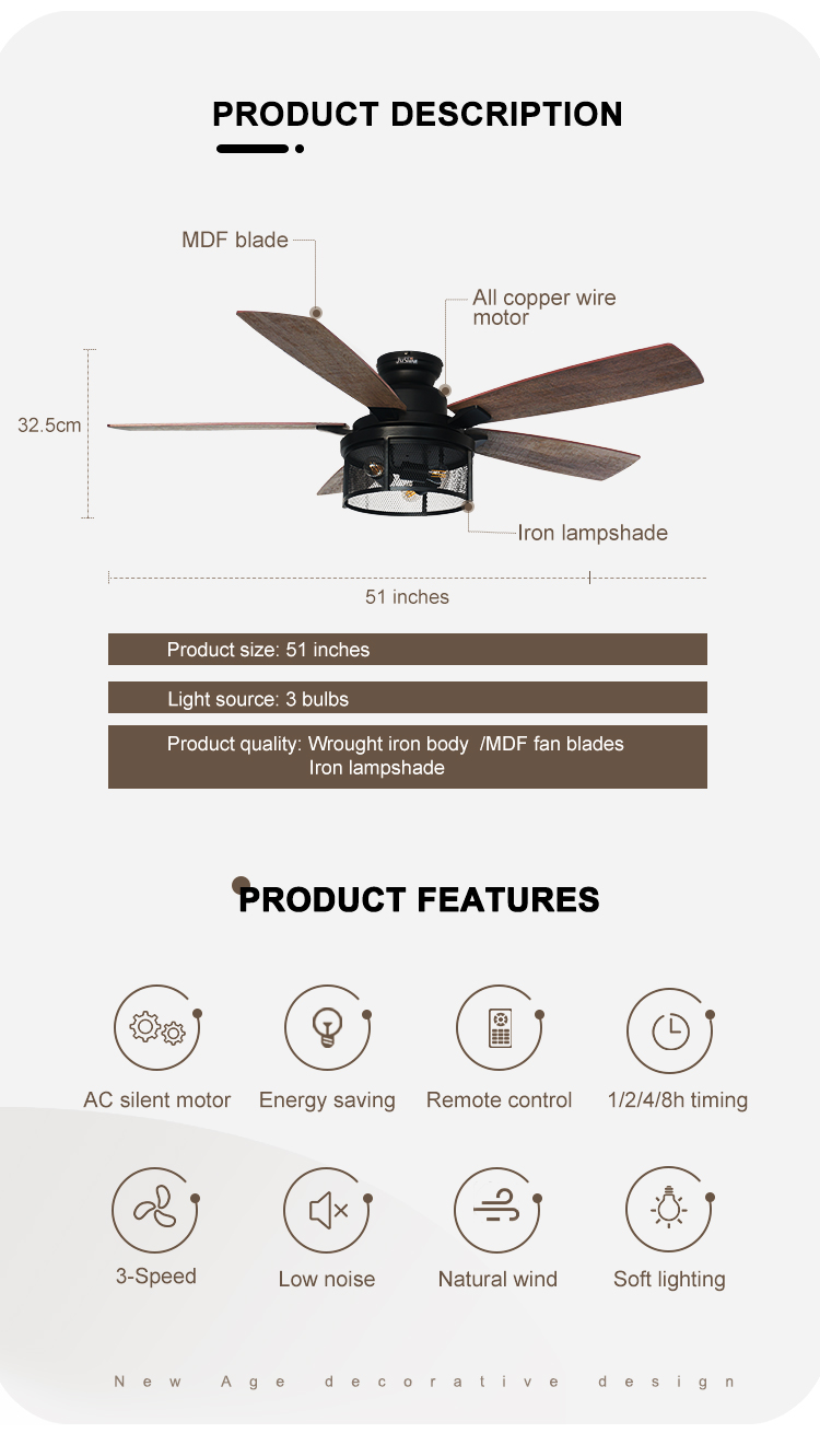 2- 110-240V/50Hz-60Hz Lighting Ceiling Fan with Remote Control and Fancy Iron Design