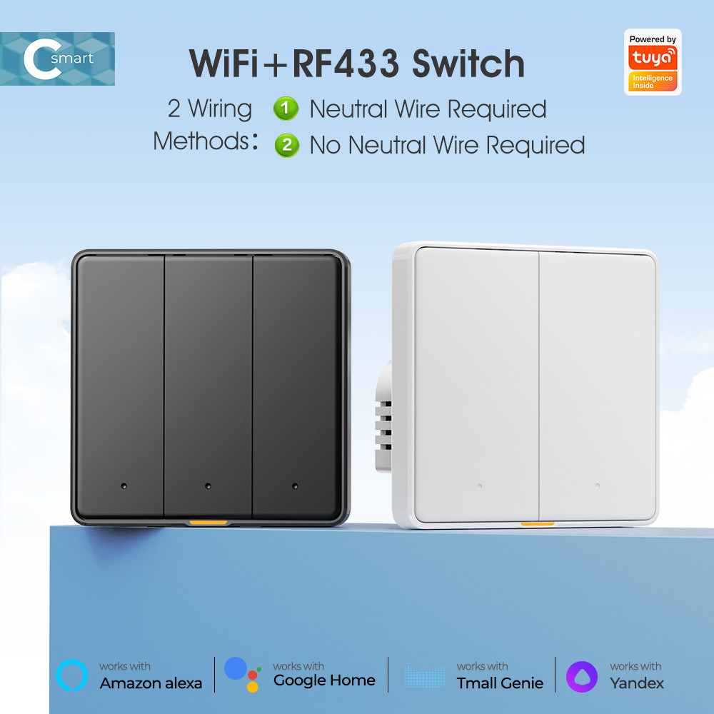 Tuya WIFI RF433 Smart Wall Light Button Push Switch 110-250v No Neutral Wire Single Fire Timing Voice App Tmall Genie, Alexa, Google Home