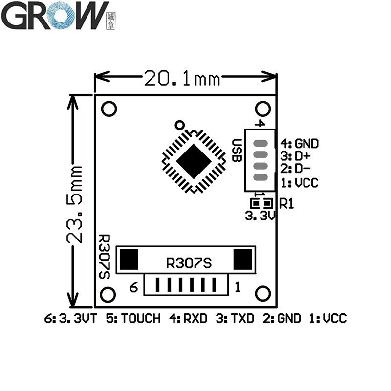 Grow R307s Cheap 1000 Capacity USB Uart Optical Fingerprint Module