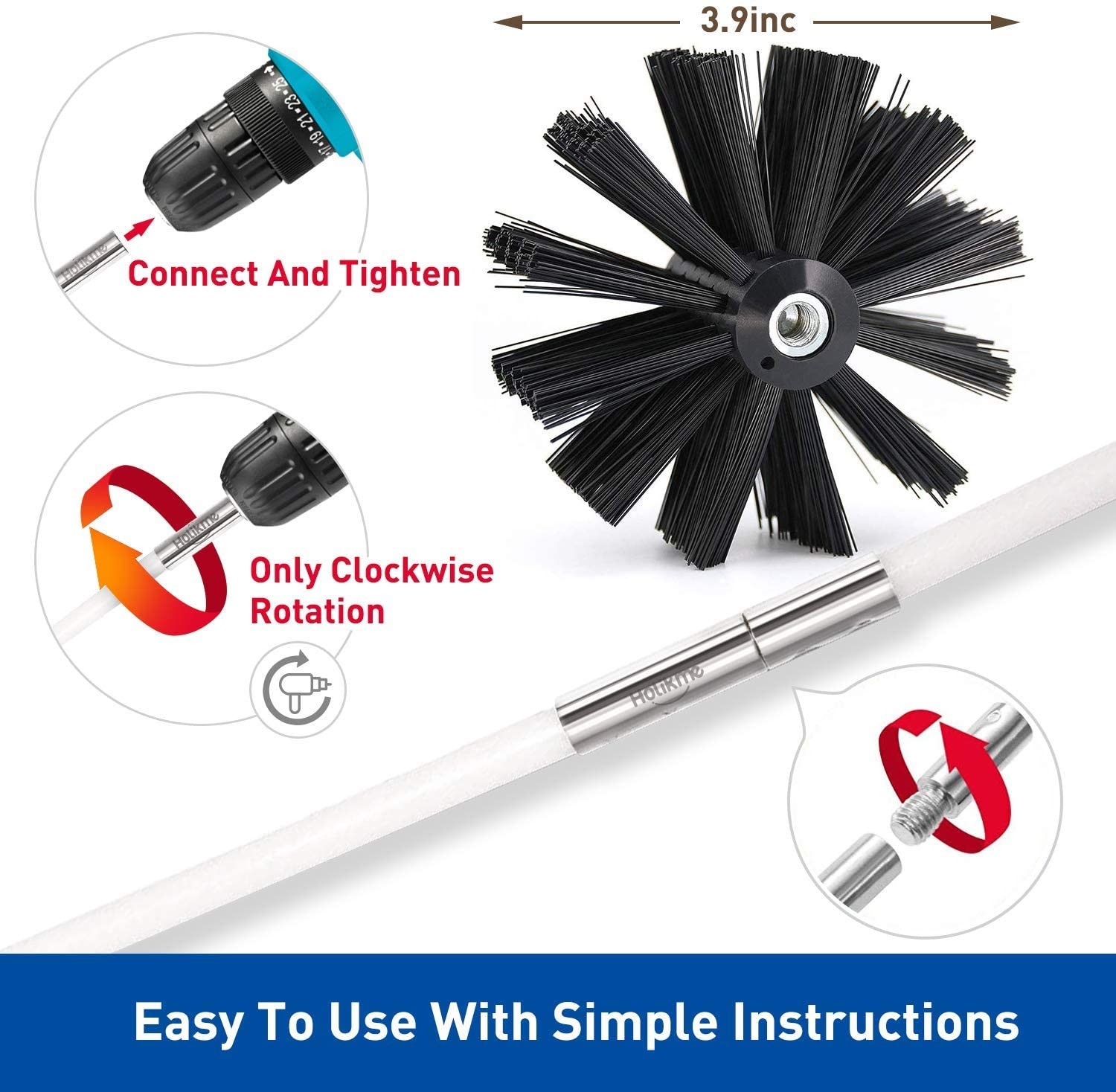12 Feet Flexible Dryer Vent Brush Cleaning Kit 0.6KG 9 Rods and 1 Brush Head