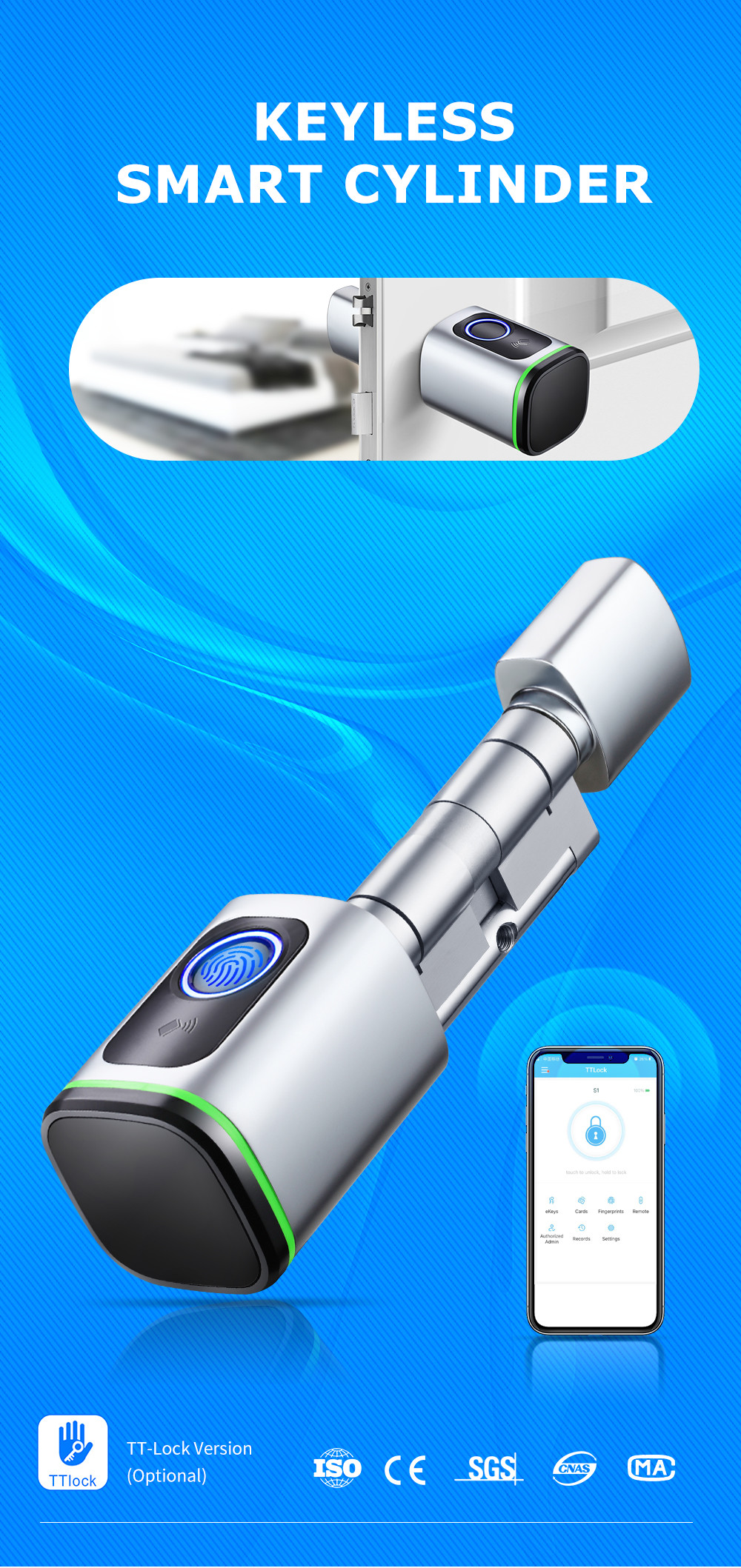 Tuya Ttlock Smart Cylinder Door Lock Biometric Euro Standard Electronic Fingerprint Smart Card Unlock