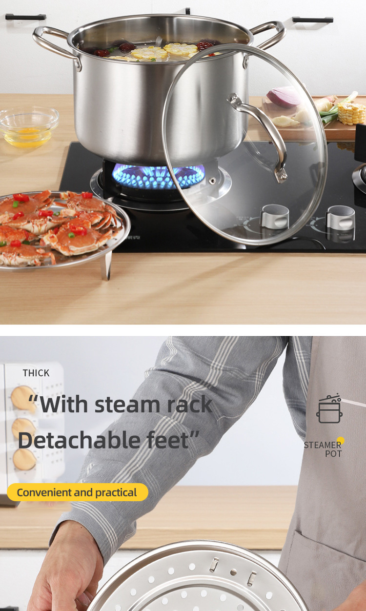 Kitchen Hot Fashion Silver Cooking Soup Pot 410 Stainless Steel Steamer Pot Induction Stock Pot With Glass Lid