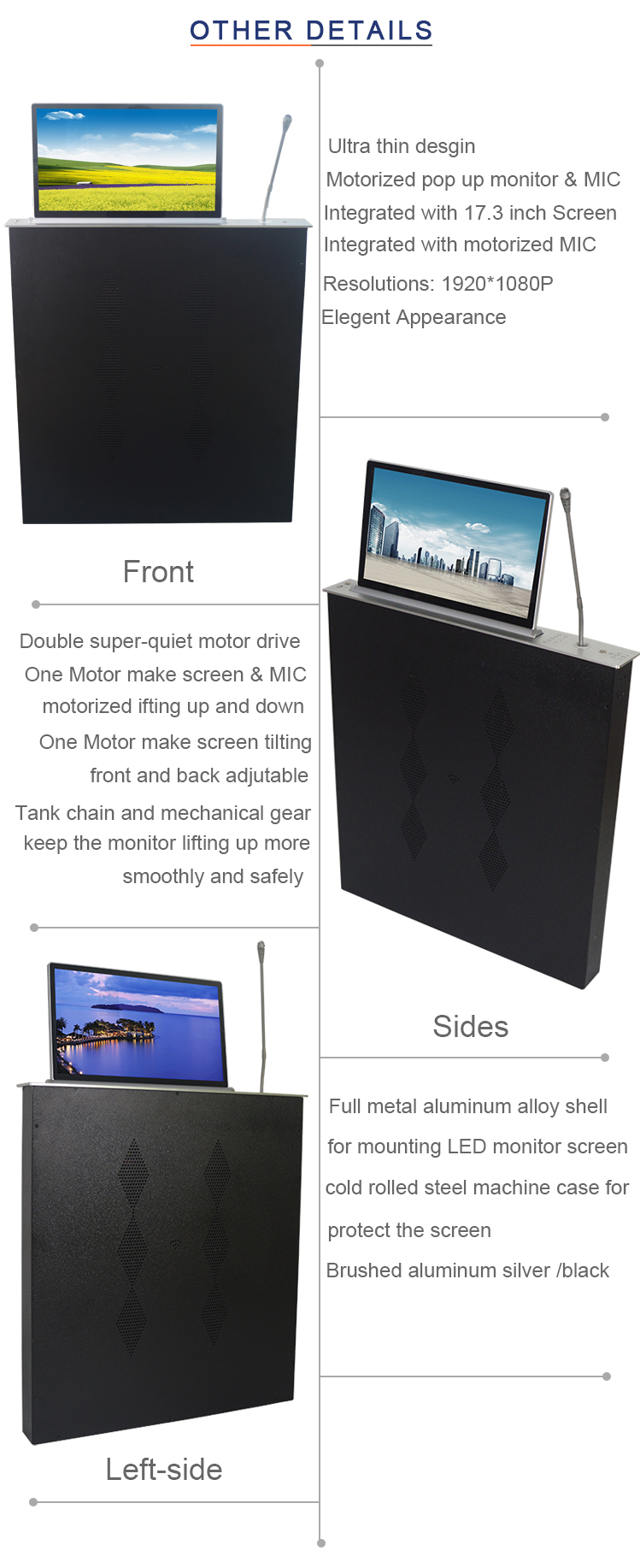 BNT popular LCD monitor motorized lift mechanism with conference microphone for AV solution