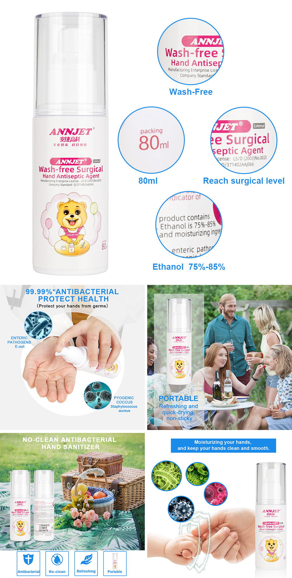 Wash Free Instant Antibacterial Hand Sanitiser Gel Portable Waterless 75% Alcohol 80ml