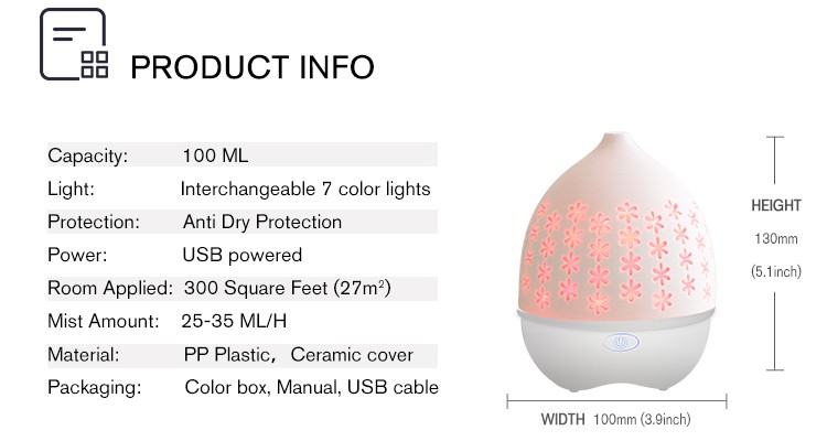 7 Color LED Light USB Ceramic 80ml Aroma Essential Oil Diffuser