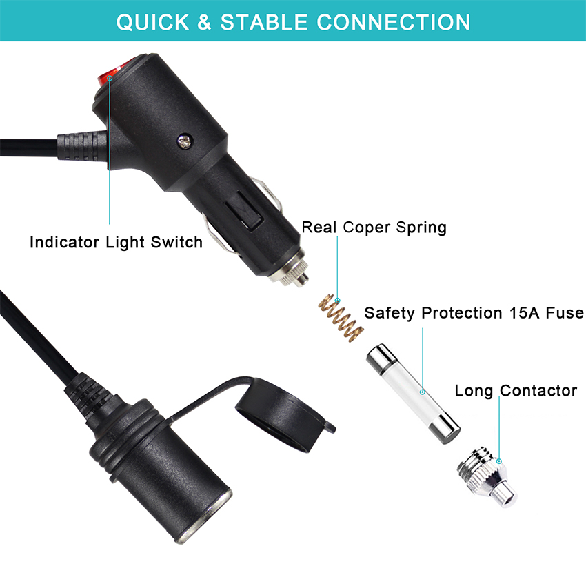Car Cigarette Lighter Charger with Switch and Male To Female Connector