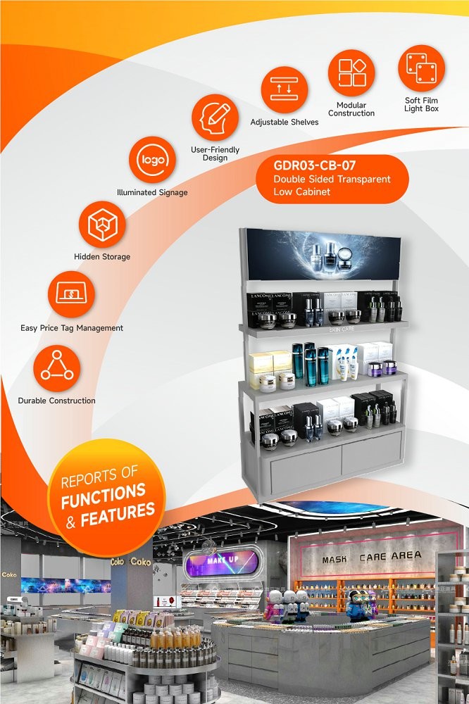 GDR03-CB-07 Double Sided Transparent Low Cabinet With 80mm Soft Film Light Box And LED Strip Lights For Fashion Boutiques
