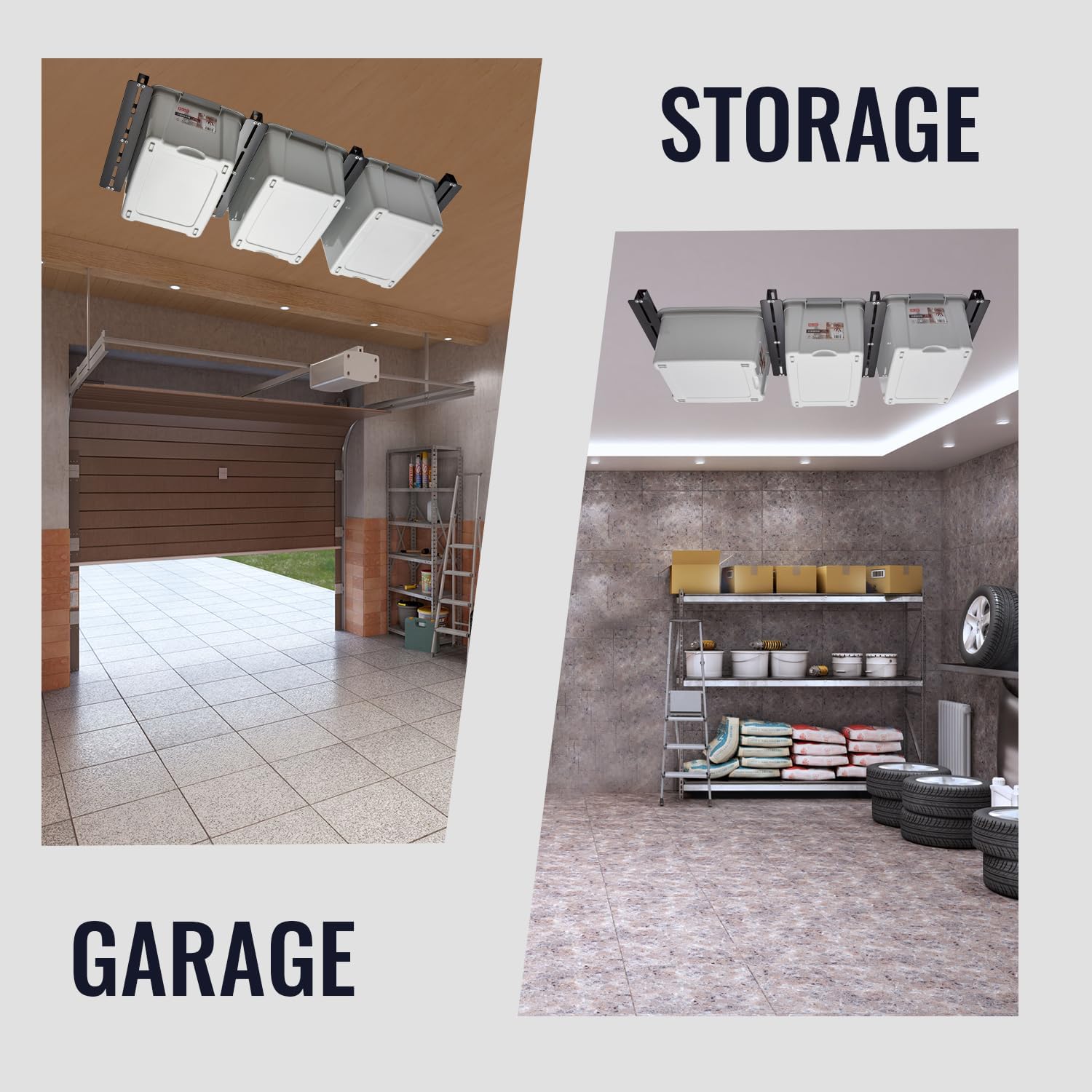 Adjustable Width Overheard Tote Storage Rail System for Garage Ceiling Bin Storage Rack
