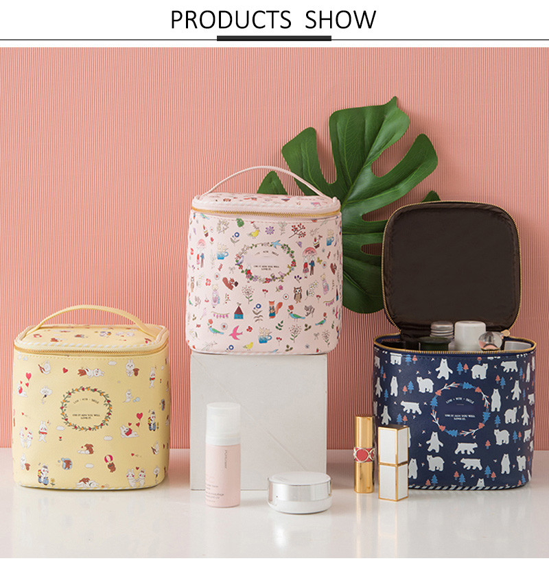 Barrel Shape Professional Travel Cartoon Printed PU Leather Cosmetic Bag