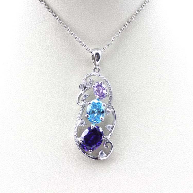 925 Silver Jewelry Oval Mix Blue Red Cubic Zircon Three Stones Pendant Necklace (PSJ0378)