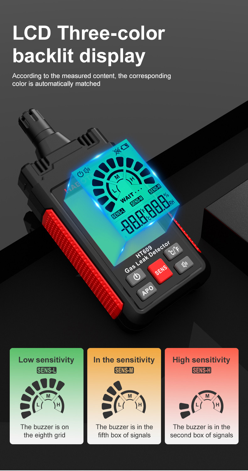 HT609 Gas Leak Detector Combustible Gas Detector Display Temperature Humidity Gas Analyzer Electric Tester Tool