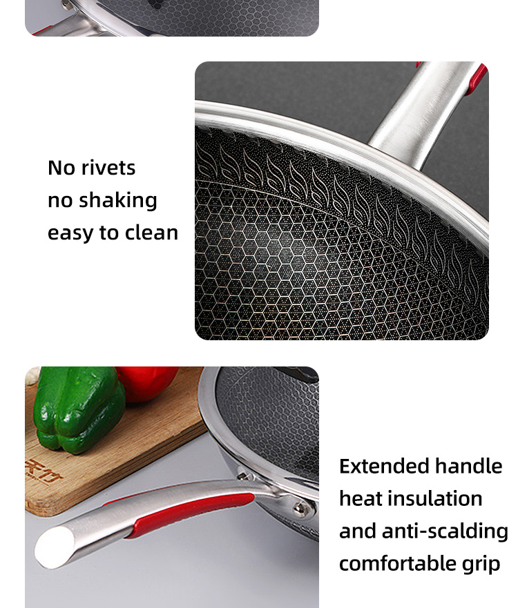 Hot Selling Kitchen 32cm Induction Wok Pan SUS 304 Stainless Steel Honeycomb Non-stick Frying Pan