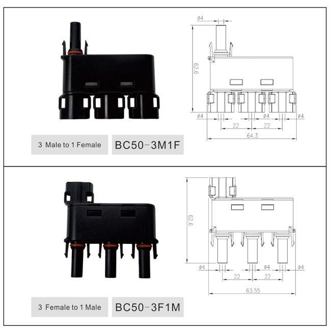Waterproof IP68 MC4 Branch Connector , Solar Panel Branch Connector DC 1000V