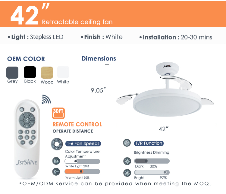 110-240V/50Hz-60Hz 42 inches White Decorative Ceiling Fan for Home Hotel and Office