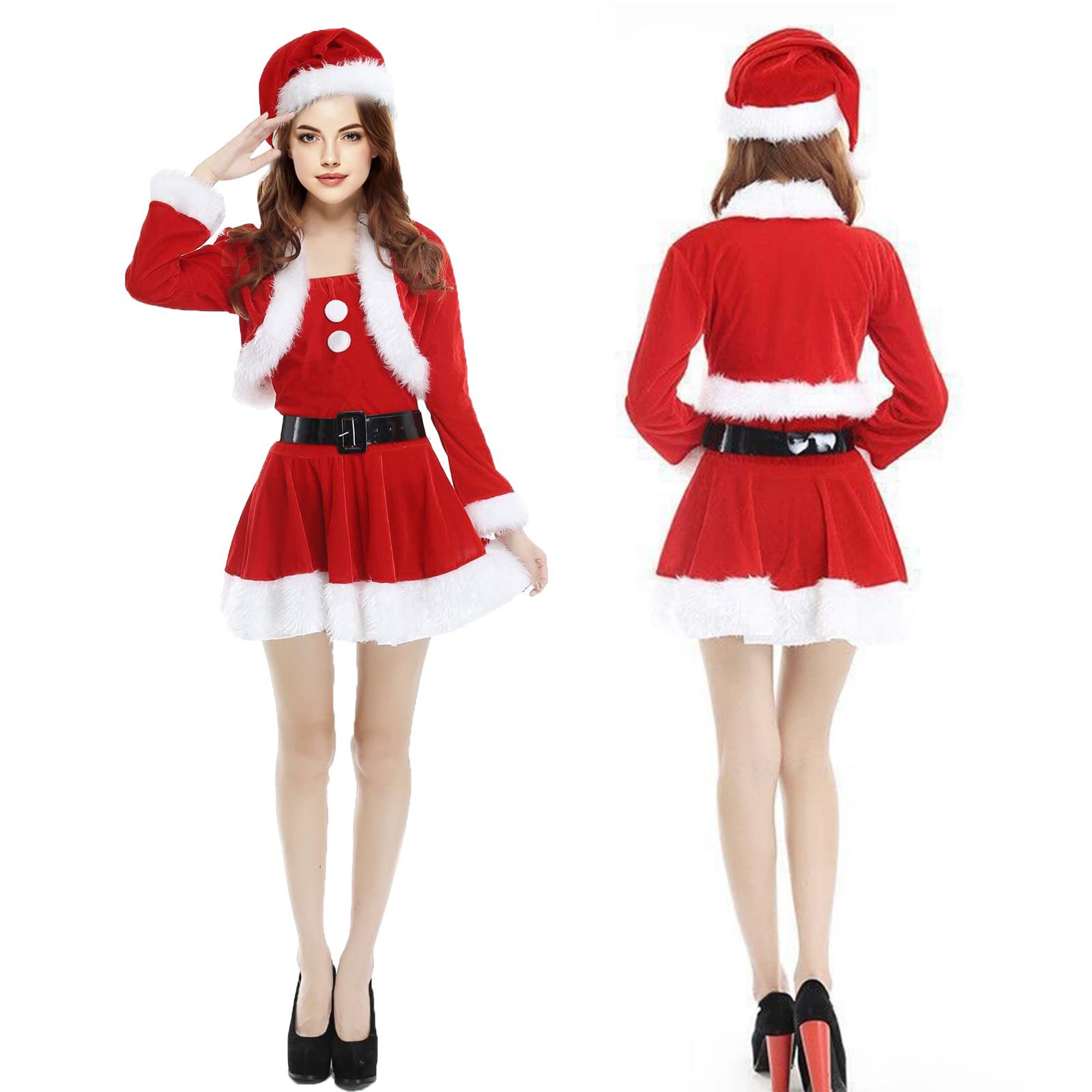 Christmas Costume Pure Desire Dress with Hat Long Sleeve Short White Plush Red Party Dress