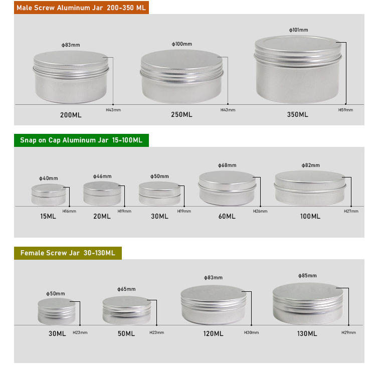 20ml To 250ml Metal Cosmetic Jar 3.9in Dia Screw Top Aluminium Tins