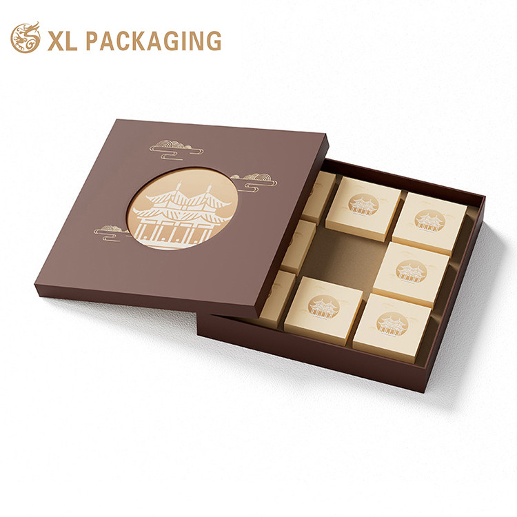 Art Paper Lid Base Box for Moon Cake Festival Gold Foil Logo Embossed 4pcs Dessert Packaging Box
