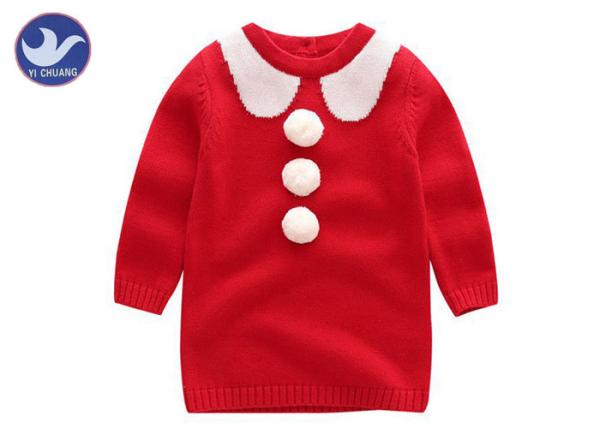 Jaquard Collar Girls Knitted Dress , Girls Red Jumper Dress With Fluffy Ball