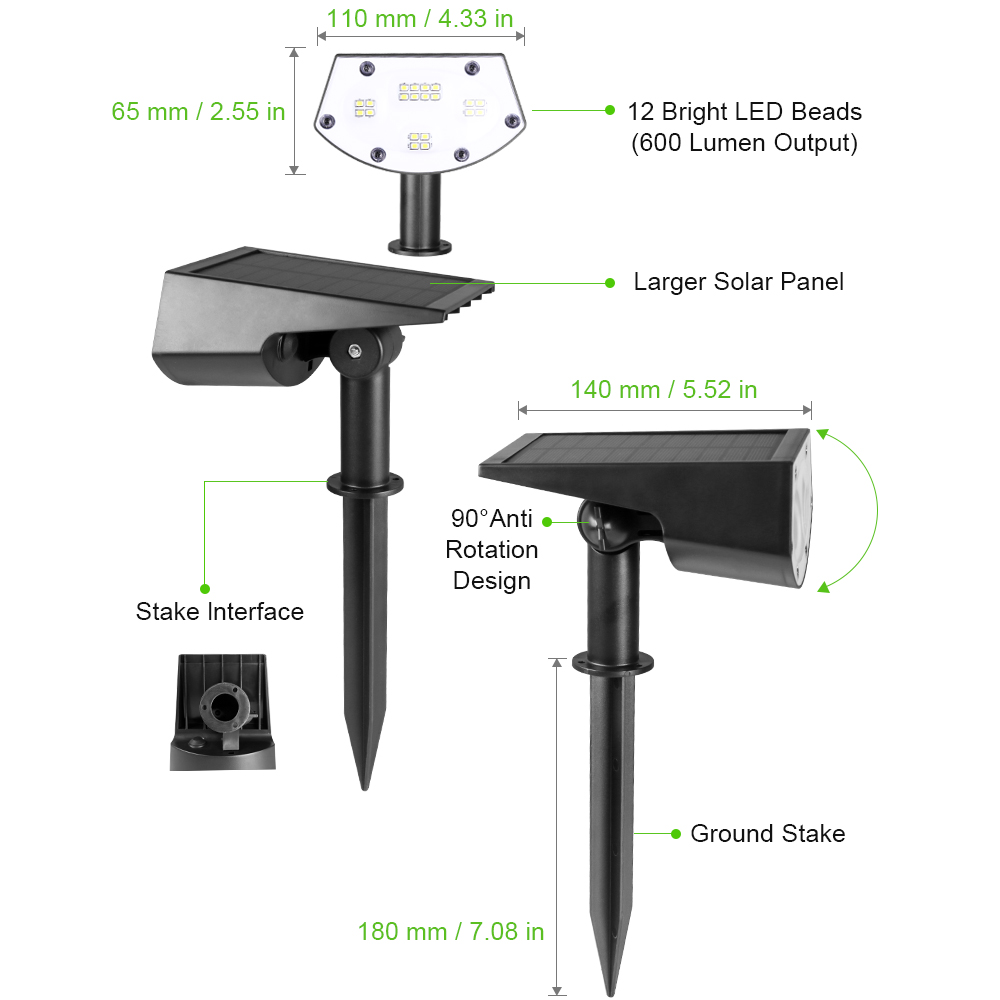 Garden 28CM 3.7V 2200mah High LED Solar Landscape Spotlights