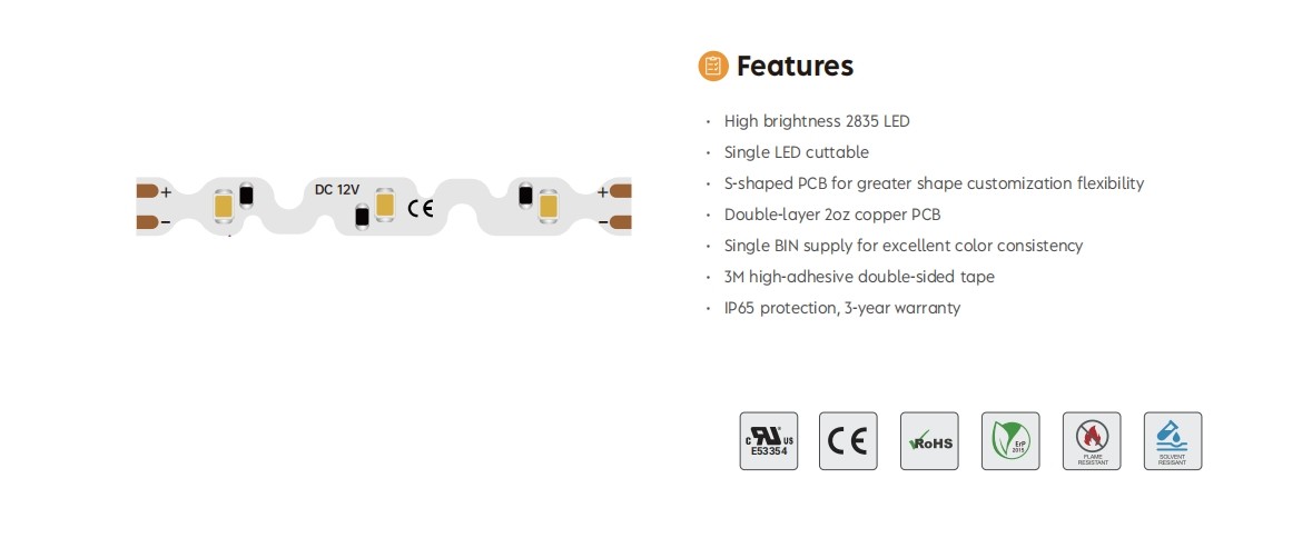 S Shape 12V LED Strip Light IP65 Waterproof With Double Layer 2oz Copper PCB