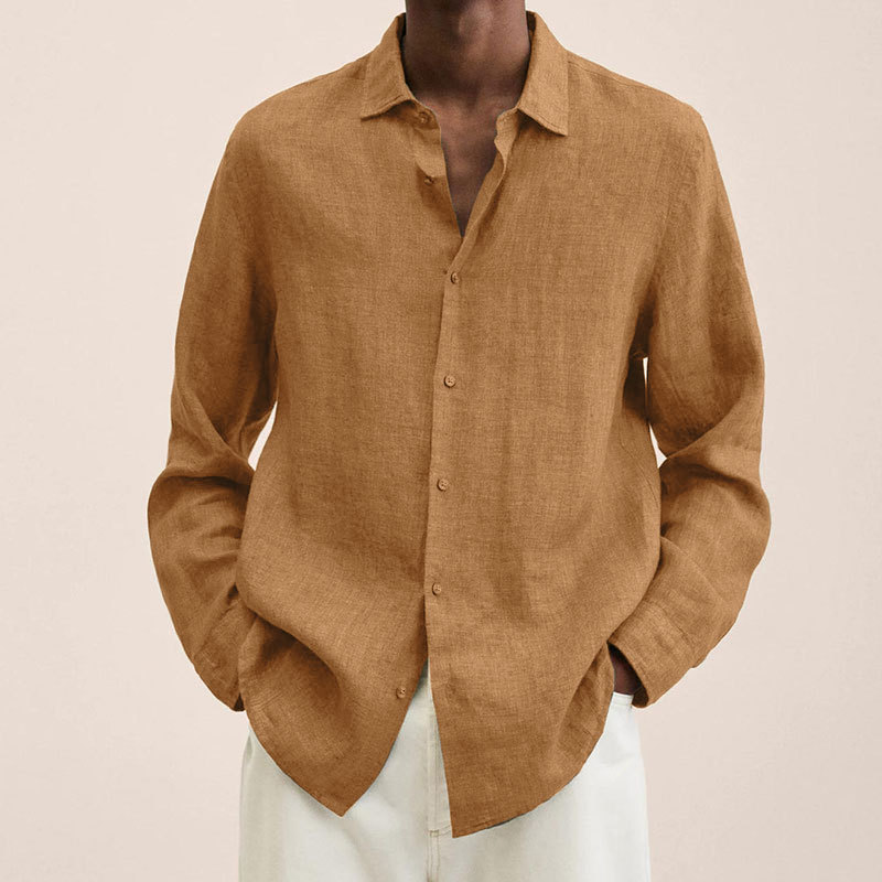 2022 Independent Station V Neck Loose Button Cotton Linen Shirt Man Popular Long Sleeved