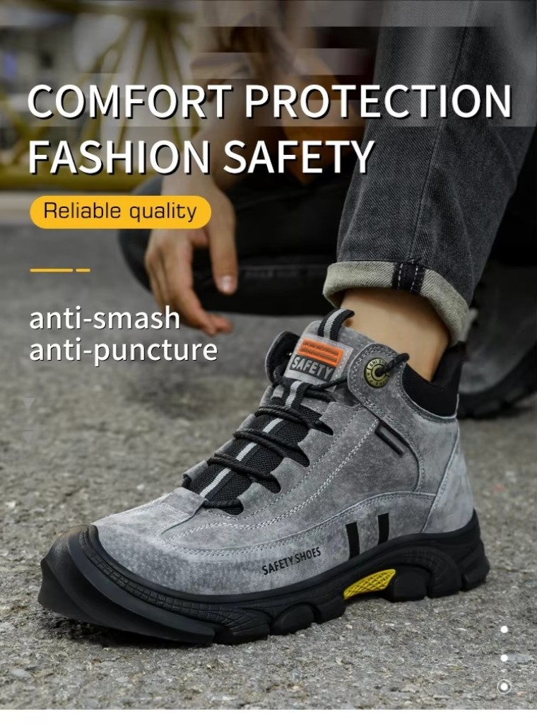Gray Suede Safety Boots With Kevlar Midsole And Slip-Resistant Rubber Sole