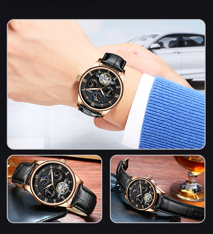 KINYUED genuine leather tourbillon mens automatic watch men moon phase watch men wristwatch