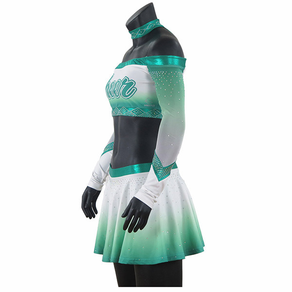 Girls Green Competition Rhinestones Cheerleading Uniforms With Mesh Fabric