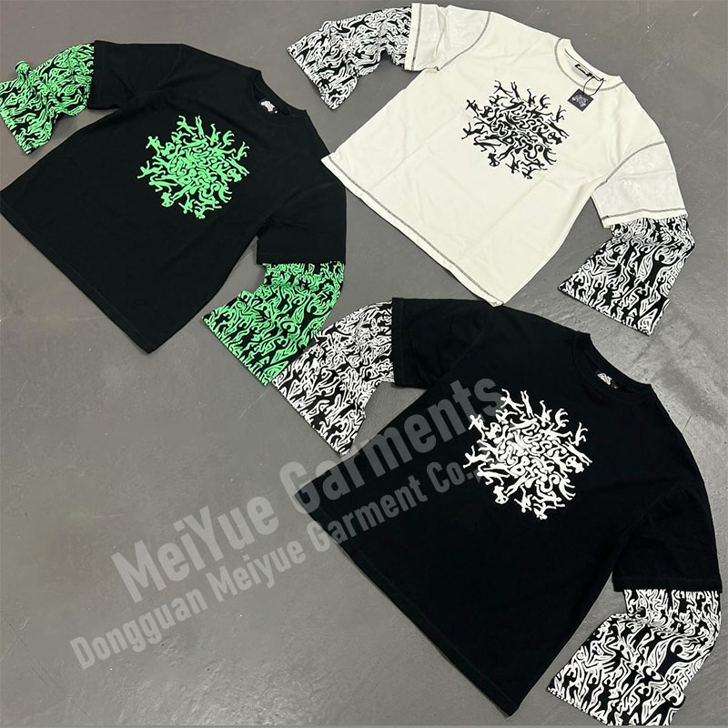 Custom Streetwear Screen Print Tshirts Patchwork Tee Long Sleeve Unisex Double Layer T Shirt Oversized Layered Cotton T-shirt
