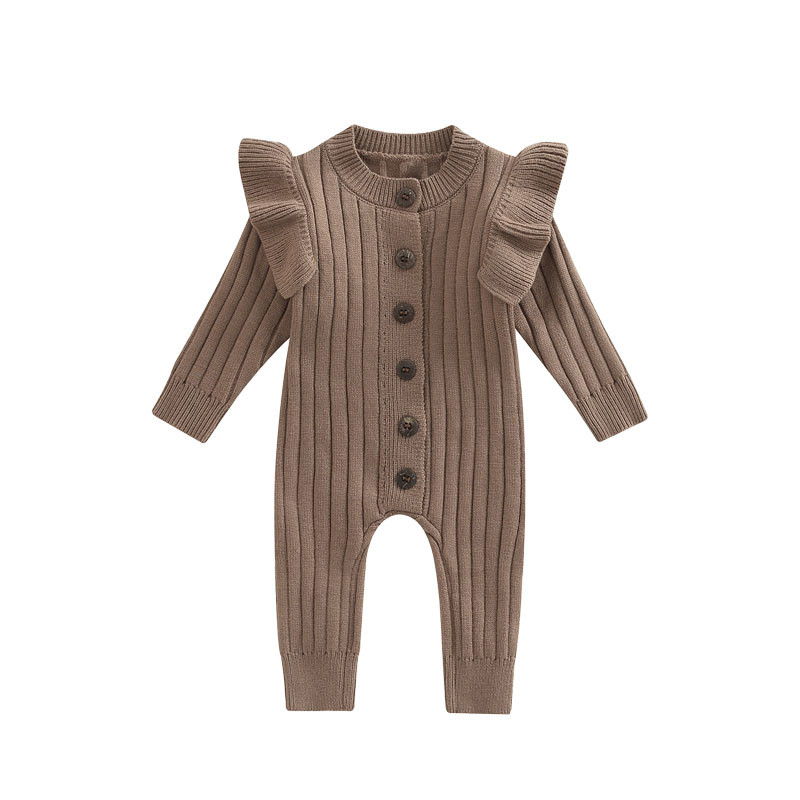 Infant Baby Hand Knit Frill Sleeve Footless Romper One Piece Button Down Cotton Jumpsuit
