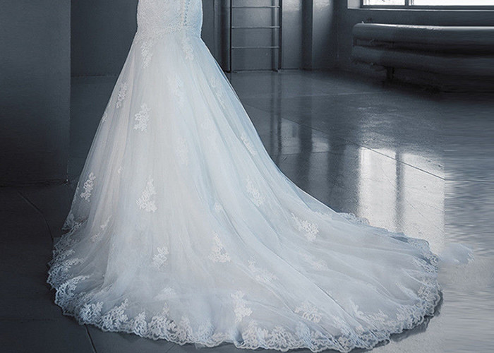 Sleeveless Lace Long Tail Bridal Gown Off White See Through Back With Buttons