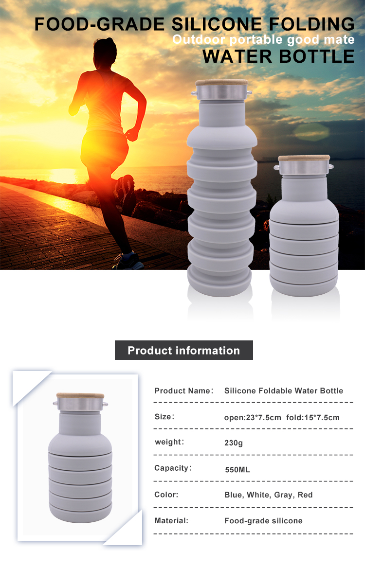550ml Portable Silicone Water Bottle Collapsible With Wooden Lid