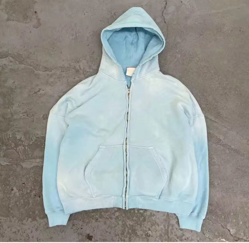 Custom Acid Wash Hoodie Zip Up Men Boxy 400gms 500gsm Heavyweight Sun Faded Distressed Aged Baby Blue
