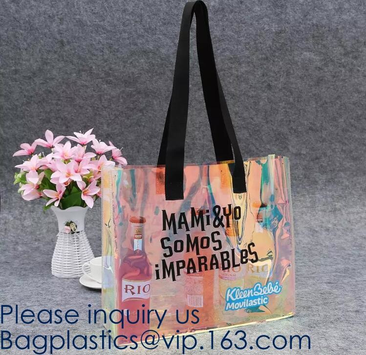 Waterproof All Over Printing PVC Coating Tote Shoulder Fabric Shopping Bag With Gusset And Lining,Jelly Clear Plastic PV