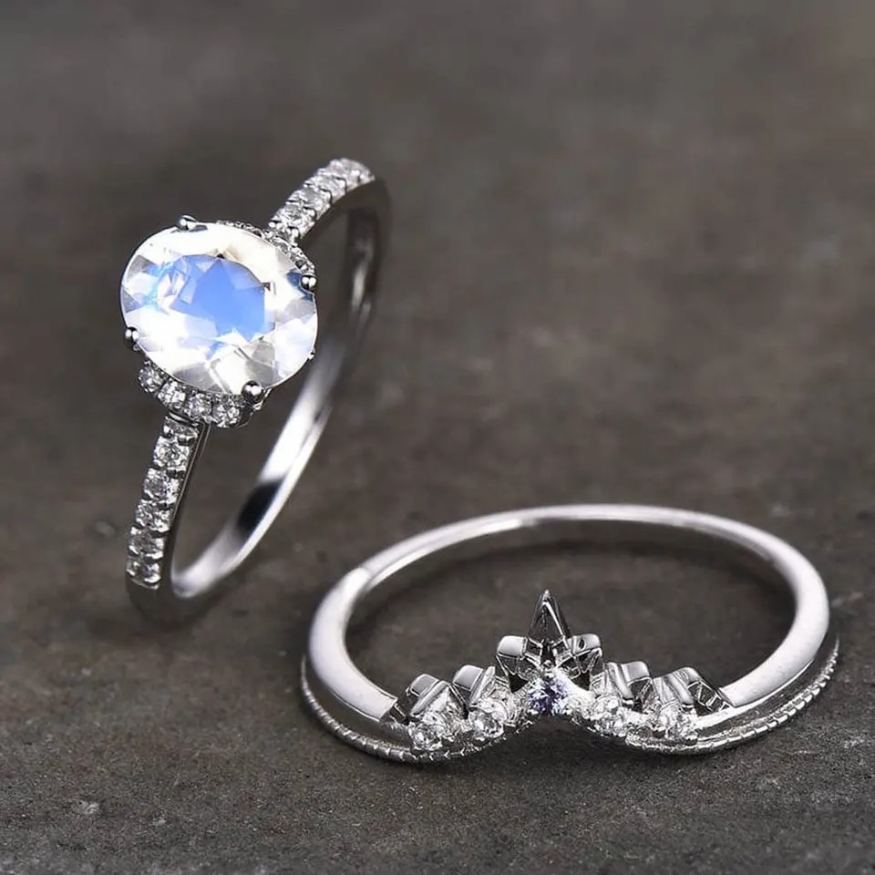 Glamour Hot Fashion Natural Rainbow Moonstone Women 925 Sterling Silver Jewelry Ring