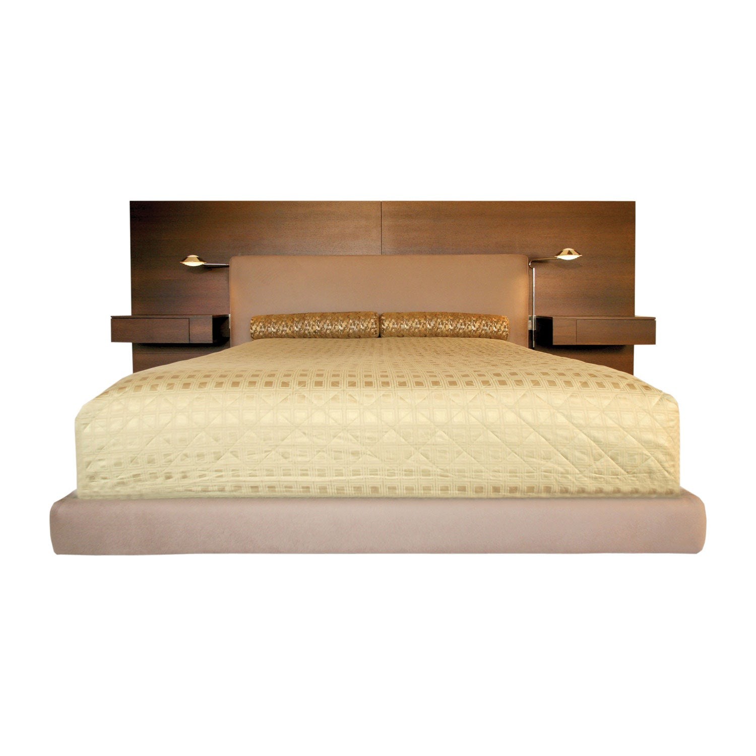 Hotel Furniture Wood panel cleats to wall Headboard with attached Upholstered headboard and two floating nightstands