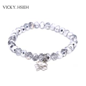 Buy cheap VICKY.HSIEH Best Basic Half Silver Coated Glass Crystal Beads Stretch Bracelet with Clover Charm product
