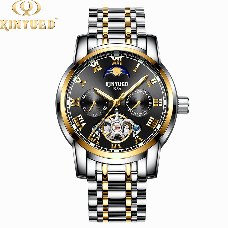 KINYUED Luminous clock hands man stainless steel wristwatches automatic tourbillon movement