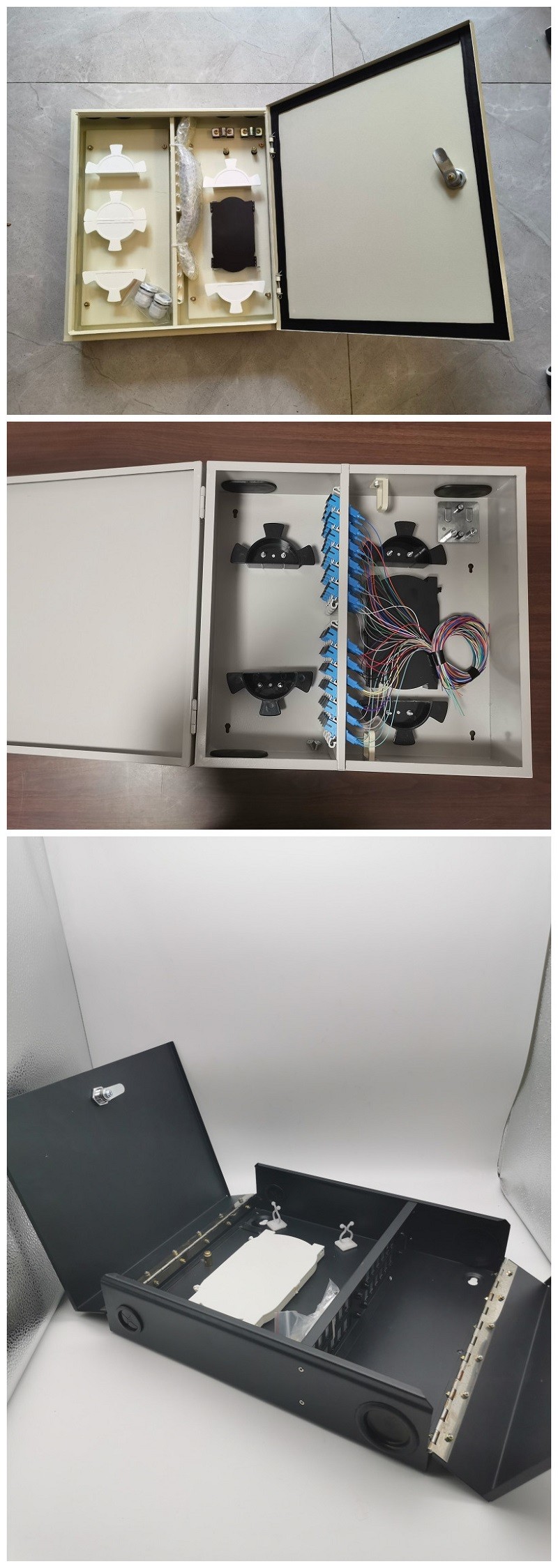 12/24/48cores 2door Black Optical Wall Mount Fiber Enclosure With Spools and Adapter Plates