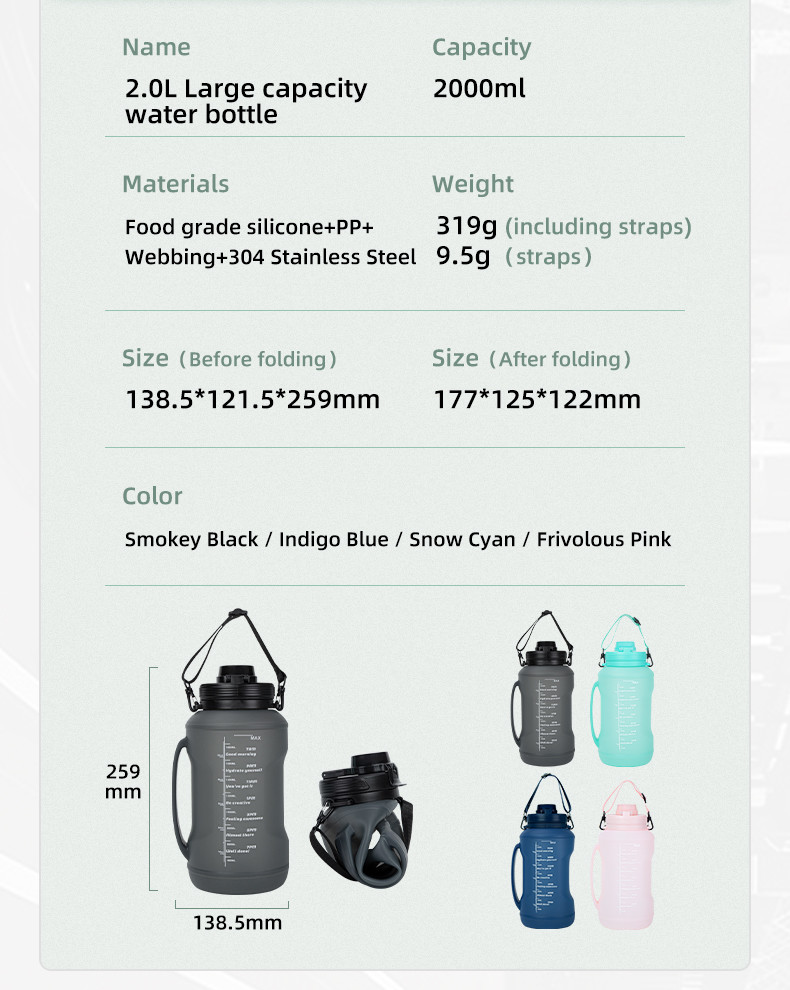 BPA Free 2000ml Sport Gym Travel Silicone Folding Cup Customizable Colors