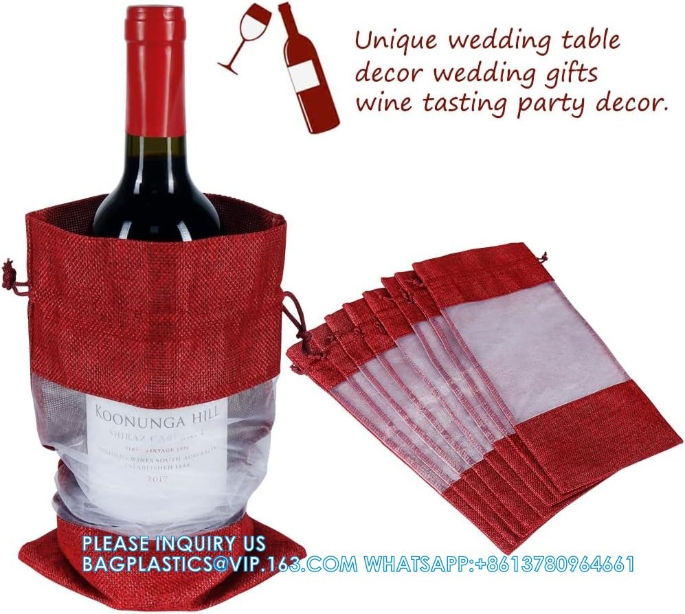 Organza Gift Bags, Jute Red Wine Bags, Burlap Bottle Pack 750ml With Sheer Window Organza Hessian Drawstring Bags