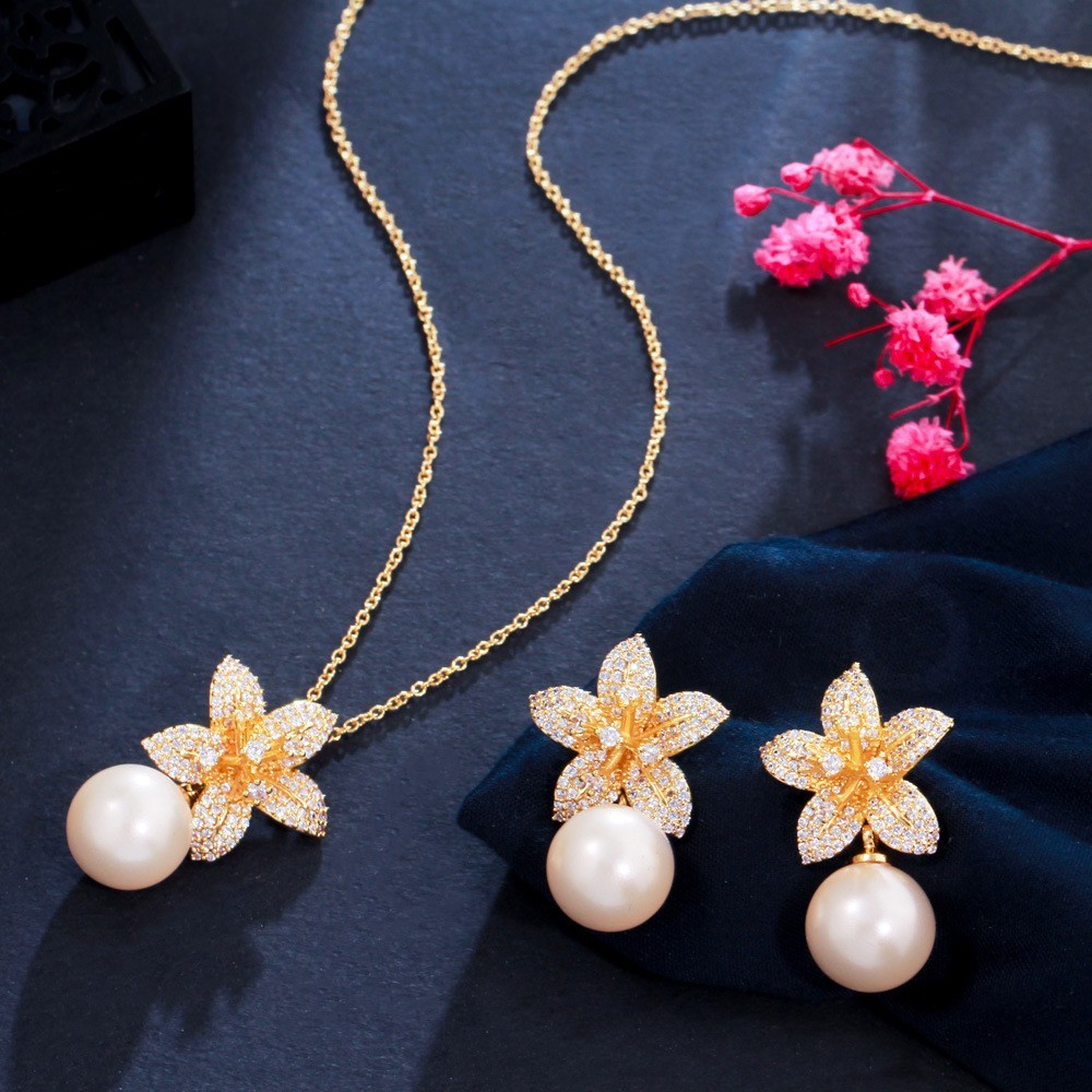 CZ Crystal Necklace and Earring Jewelry Sets Fashio Pearl Chokers Necklaces Earring jewelry